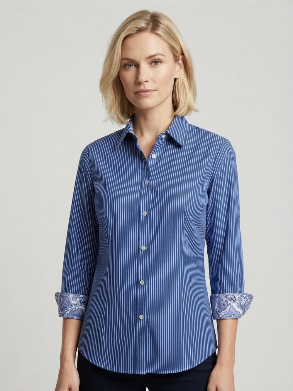 Chico's Blue & White Pinstripe Button-Down Shirt  Paisley Cuffs Cotton Large